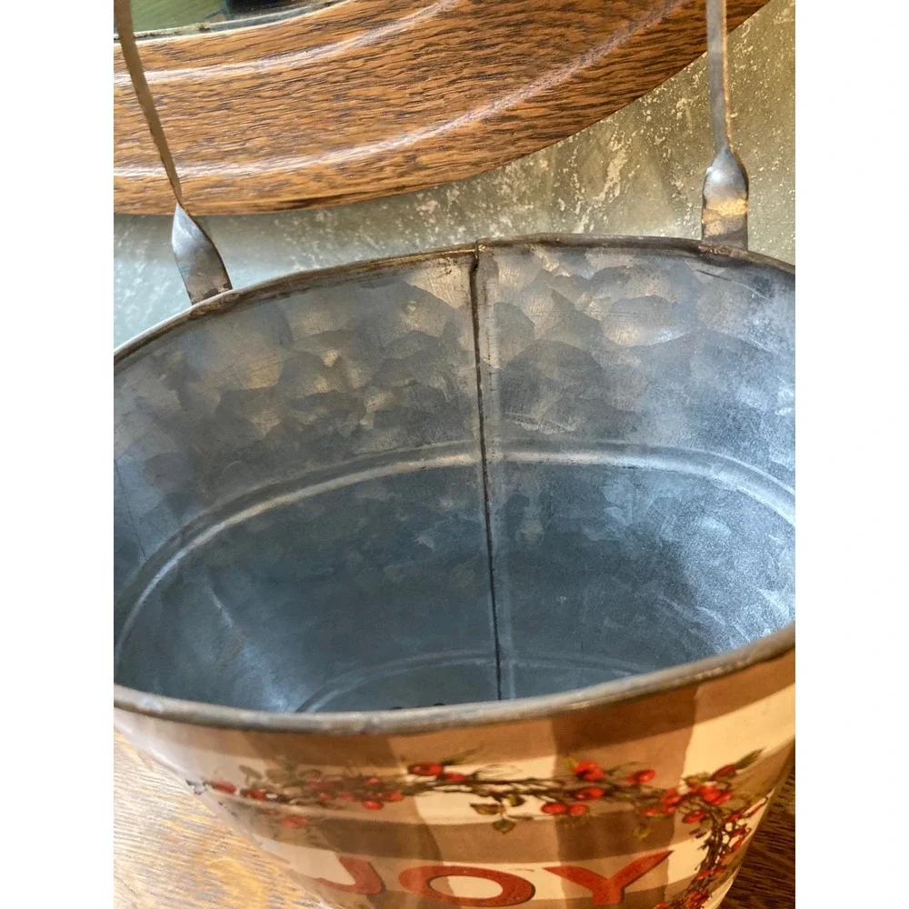 Rustic Christmas Joy Galvanized Metal Bucket Brown Buffalo Plaid Berry Wreath